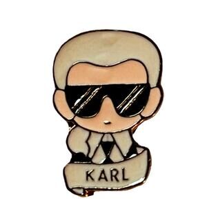 Karl Lagerfeld Ikonik Enamel Pin - Rare Designer Fashion Icon Brooch  White/Gold